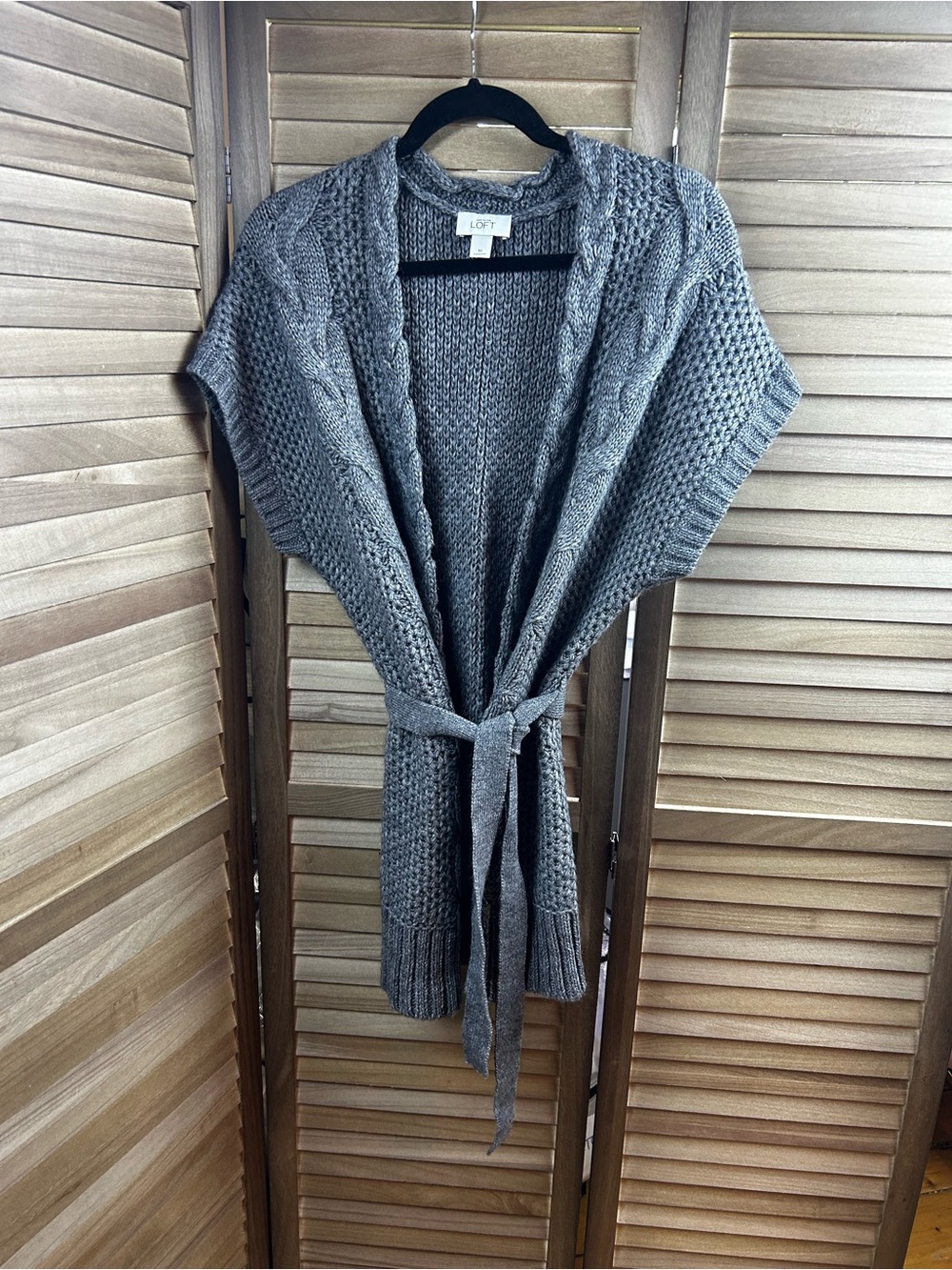 LOFT Gray Cable Knit Belted Open Cardigan Sweater Vest Alpaca Wool M